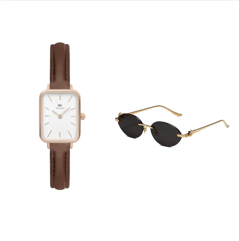 Reloj minimalista en cuero marrón Zion - Gafas de Sol UV400 Soho - Bolsa de regalo.
