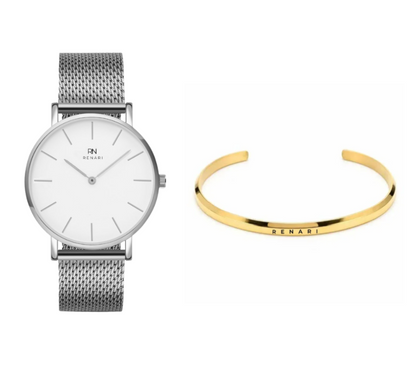 Reloj minimalista redondo Dorado Duomo - Brazalete de acero inoxidable dorado - Bolsa de regalo.