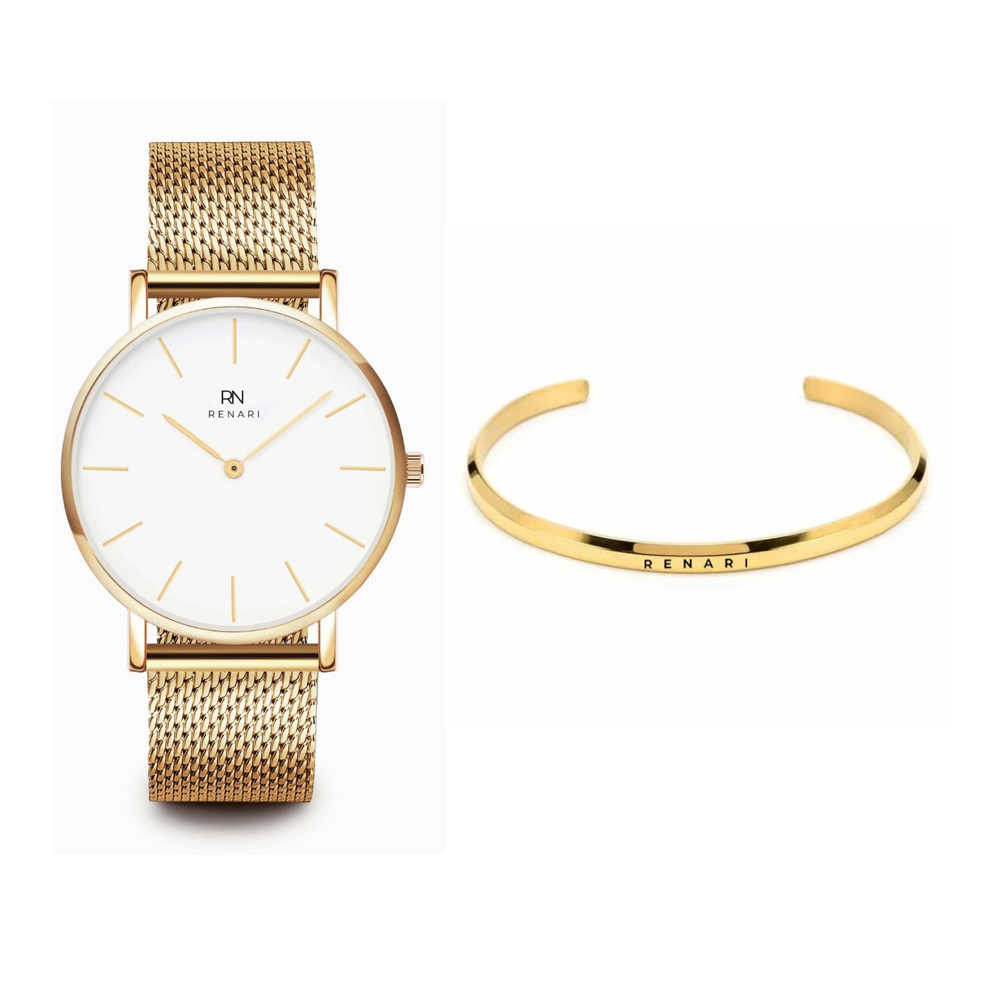 Reloj minimalista redondo Dorado Duomo - Brazalete de acero inoxidable dorado - Bolsa de regalo.
