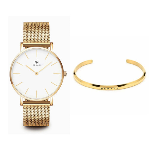 Reloj minimalista redondo Dorado Duomo - Brazalete de acero inoxidable dorado - Bolsa de regalo.